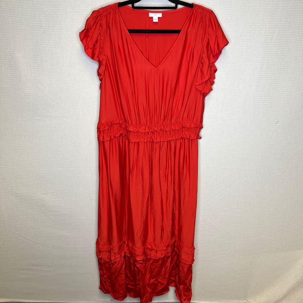 J. Jill Red Lenzing EcoVero Viscose Ruffle Flutter Sleeve Midi Dress Large